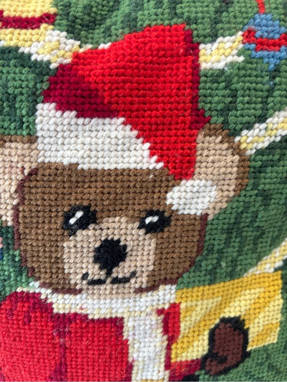 Holiday Teddy Bear Needlepoint Cushion - Red & Green